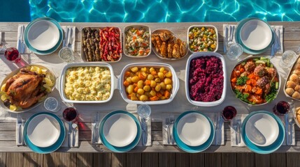 Outdoor meal table setting with a variety of delicious food dishes by the pool on a sunny day
