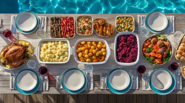 Outdoor meal table setting with a variety of delicious food dishes by the pool on a sunny day - Powered by Adobe
