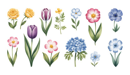 Botanical watercolor wildflower collection with roses, tulips and blue blossoms. Botanical watercolor wildflower collection with roses, tulips and blue blossoms.
