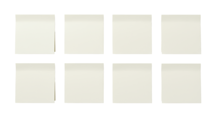 Six uniform, blank, off-white square paper notes with gentle texture & curled edges, arranged in a grid, top-down flat lay on a transparent background, concept of potential and new ideas