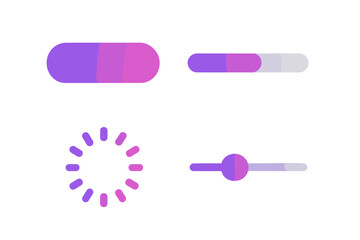 Set of modern user interface elements with vibrant purple gradients. Includes button, progress bar, loading spinner, and slider icons for web and mobile app design. Vector UX/UI kit.