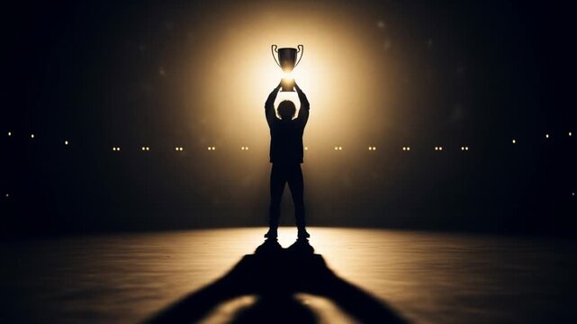 Silhouette of a victorious athlete holding a trophy under dramatic lighting in an empty stadium