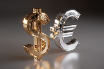 Two shiny currency symbols stand prominently on a reflective surface, highlighting the dollar and euro. These symbols represent the dynamics of global finance and trade in the contemporary market