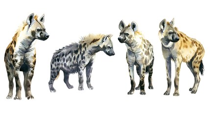 Ultra realistic watercolor style illustration of beautiful hyena, high detailed, isolated on white background