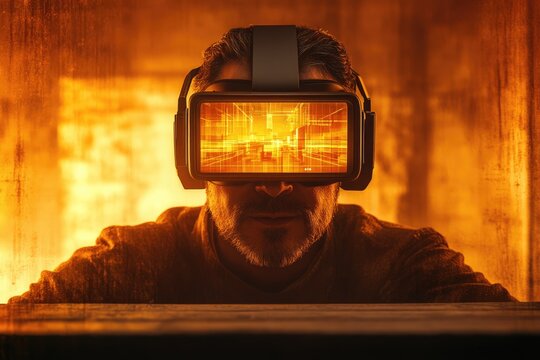 A man immersed in a virtual reality experience, exploring a digital cityscape within an orange-hued environment.