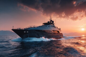 Naklejka premium A sleek black luxury yacht glides through serene waters during a stunning sunset. The vibrant sky reflects on the yacht, highlighting its modern design and elegant features