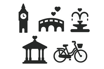 Romantic city landmarks icon set for valentine's day. Love, travel and romance concept. Includes clock tower, bridge, fountain, gazebo, and bicycle vector silhouettes.