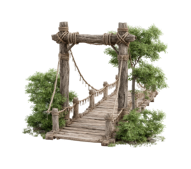 Suspended wooden bridge surrounded by greenery in a natural landscape isolated on transparent background, png