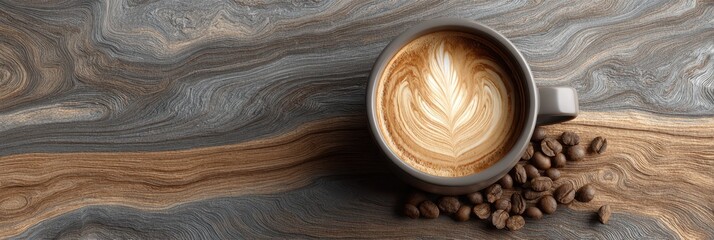 Delicious latte art on creamy coffee atop a stunning wooden surface with roasted beans