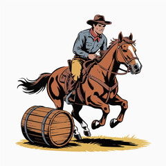 Vector illustration of cowboy riding a racing horse and Barrel