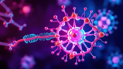 Abstract rendering of a virus cell with dna strand in a vibrant and colorful dark background