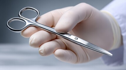 A gloved hand grips surgical scissors in a sterile environment, emphasizing the importance of precision and care in medical practices