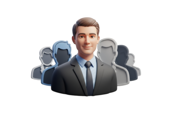 A 3D Rendering of a Business Team Leader with Silhouetted Team Members in the Background, Emphasizing Leadership and Teamwork in a Corporate Setting on Transparent Backdrop