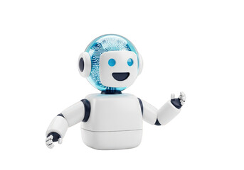 A 3D Rendering of a Cheerful Robot Character with Circuitry Visible in its Head, Representing Artificial Intelligence and Technology on a Transparent Background