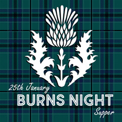 Burns night supper background with thistle on tartan background. Menu with lettering for restaurant, party.