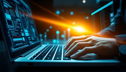 Person using laptop with futuristic digital interface and data streams in dark environment typing hands