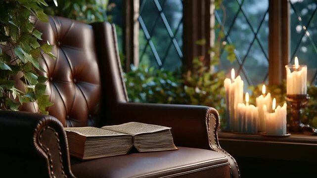 A mystical midnight scene in a candlelit library, featuring a grimoire and ivy-draped windows, evoking a spooky Halloween atmosphere with eerie shadows, haunted mystery and gothic charm.