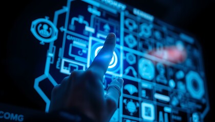 Finger touching glowing blue futuristic digital interface with data and icons abstract artificial intelligence