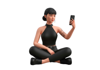Captivating 3D Render of a Stylish Asian Woman Meditating and Taking a Selfie with Her Smartphone Against a Transparent Backdrop for Versatile Design Projects