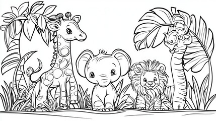 Fototapeta premium Cute baby safari animals coloring book page, featuring a baby elephant, a tiny giraffe, a fluffy lion cub, and a playful zebra, surrounded by tropical trees and grasslands, bold outlines, 