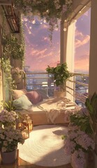 Fototapeta premium Cozy balcony at sunset