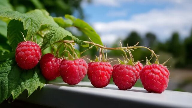 Row of fresh raspberries lined at the bottom of the frame