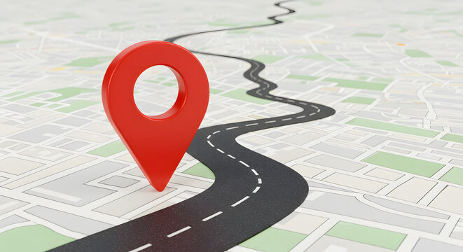 A 3D red map location pin on a white background, with a winding asphalt road leading towards it