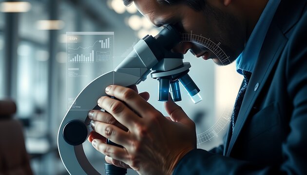 Close-up of Scientist Using Microscope with Futuristic Data Interface laboratory research