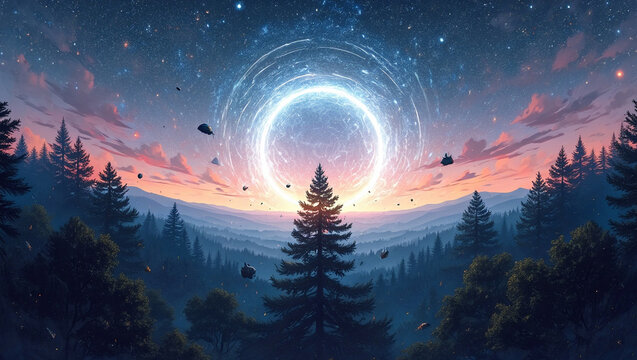 Photo of a breathtaking cosmic portal swirls in the starry night sky above a silhouetted pine forest at dusk
