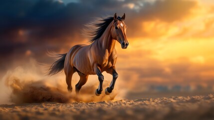 Horse running in the desert at sunset, kicking up sand