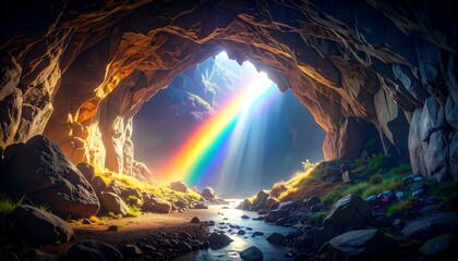 Rainbow Illuminating Cave Entrance, Natures Wonder.