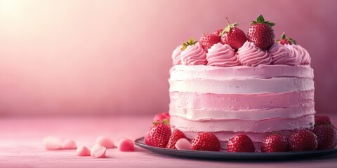 Celebrating a delicious pink strawberry cake with frosting and fresh berries at a cozy pastry shop