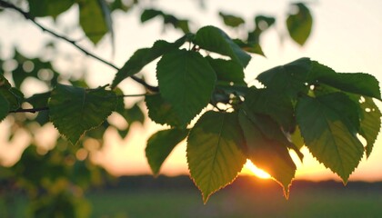 Lush green leaves, backlit by a warm sunset, create a serene and peaceful scene.
