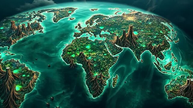 Detailed world map, stylized with vibrant teal and green