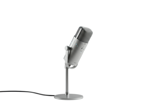 Contemporary professional condenser microphone in cool neutral tones with subtle glowing electric blue light trails against a seamless high-key studio background, concept of digital communication