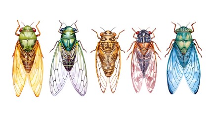 Ultra realistic watercolor style illustration of beautiful cicada, high detailed, isolated on white background