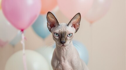 Fototapeta premium Sphynx cat celebrates special day surrounded by colorful balloons in a cheerful setting