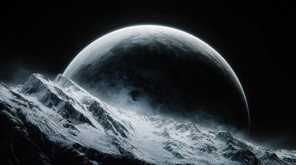 Abstract planet with snow-capped mountains against dark background showcasing space art and fantasy illustration of Earth's moon in a monochrome cosmic atmosphere