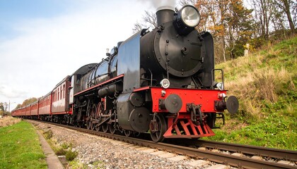Naklejka premium A vintage steam locomotive pulls a passenger train along a rural track, steam billowing from its engine, showcasing the beauty of classic rail travel.