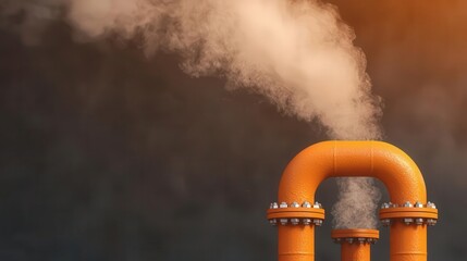 Closeup of refinery pipes, hot steam rising, fuel processing in action