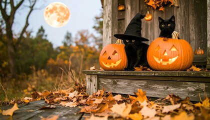 Two black cats, wearing witch's hats, sit atop carved pumpkins on a rustic wooden porch, bathed in autumnal sunlight, with a full moon in the background.