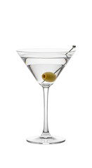 Ein elegantes Martiniglas mit klarem Martini, dekoriert mit einer grünen Olive, transparenter Hintergrund, PNG