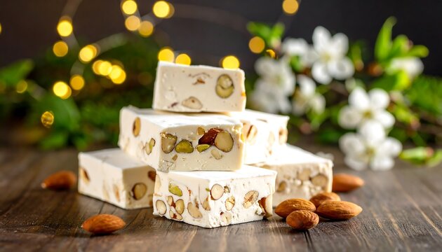 Stacked nougat pieces, adorned with almonds and pistachios, sit on a wooden table, illuminated by soft light.
