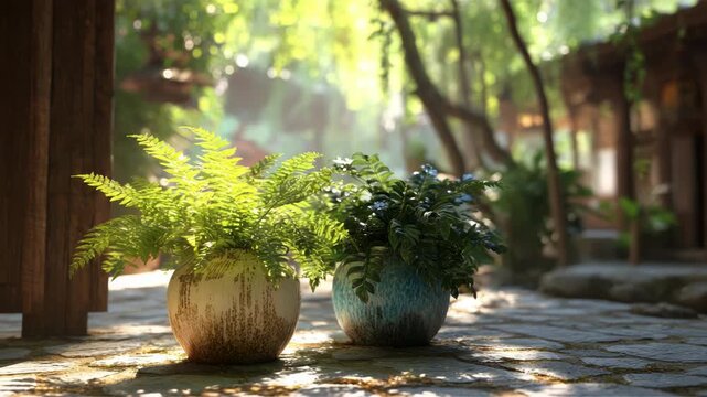 Two potted plants on a stone walkway, surrounded by lush greenery and soft, diffused light