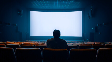 A man sitting in the cinema hall, watching a movie on the big screen. Concept of a relaxing and lonely evening at the theater
