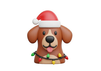 Festive Cartoon Dog with Santa Hat and Lights 3D Render Illustration on Transparent Background for Holiday Designs and Joyful Projects with Warmth