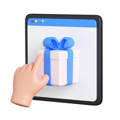 Cartoon hand clicking a gift box on a web browser