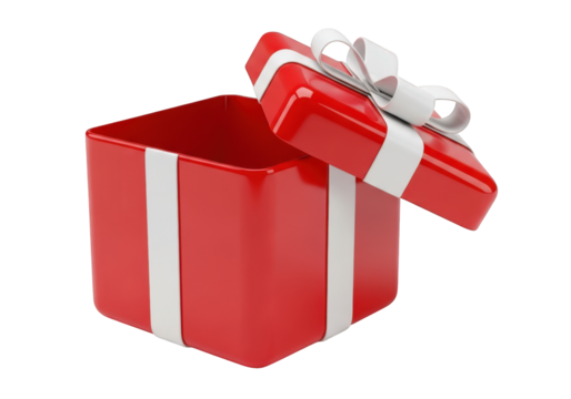 A Vibrant 3D Rendering of an Open Red Gift Box with a White Ribbon, Presenting a Sense of Surprise and Delight on a Transparent Background, Perfect for Celebrations