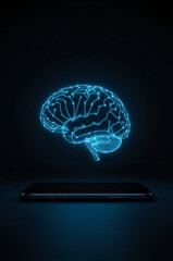Futuristic AI Brain Hologram Above Smartphone, Digital Technology Concept, Blue Glowing Lines on Dark Background
