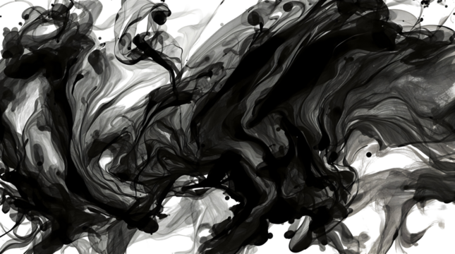 Ultra detailed macro shot of black ink blooming in water, a dynamic and chaotic abstract monochrome flux background for design
